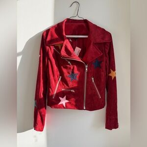Olivaceous Red Faux Suede Star Print Moto Jacket